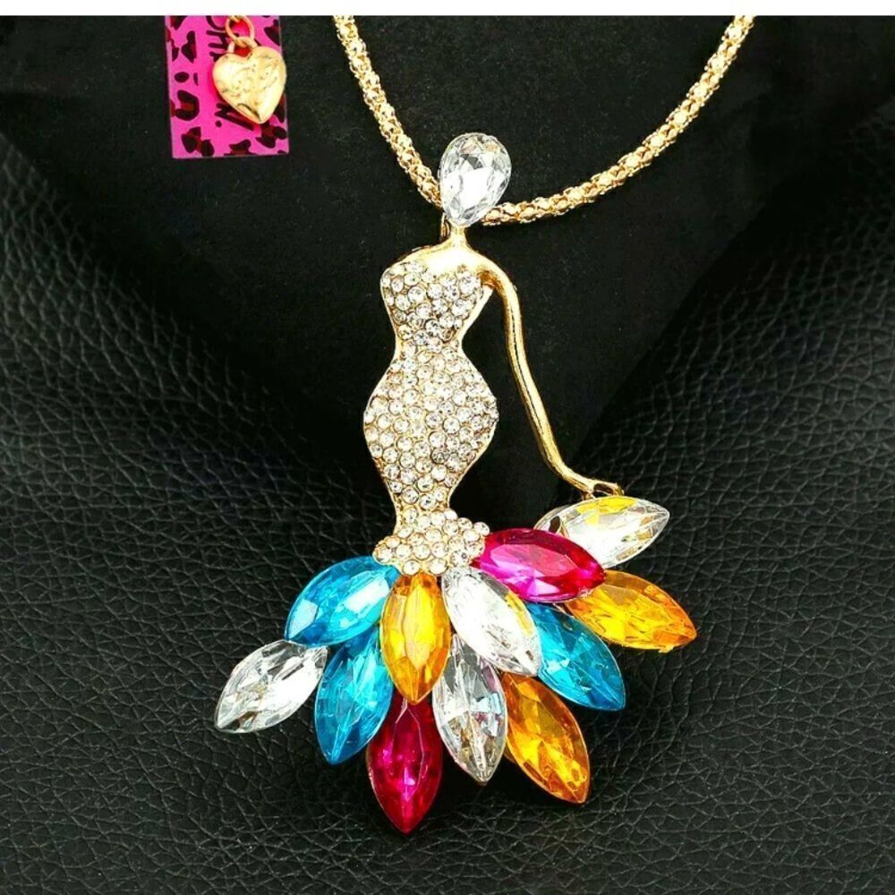 BETSEY Johnson Crystal Rhinestone Lady Pendant Necklace - Picture 1 of 2